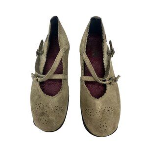 Skechers Mary Jane Ballet Flats Womens 8 Olive Tan Suede Perforated Buckle Strap